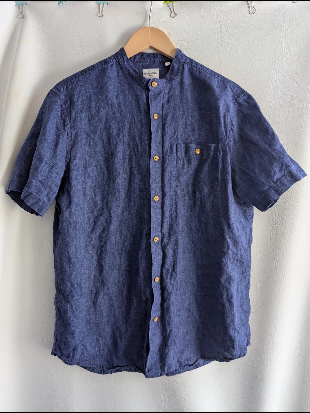 Baird McNutt Linen Blue Short-Sleeve Shirt with Band Collar - M